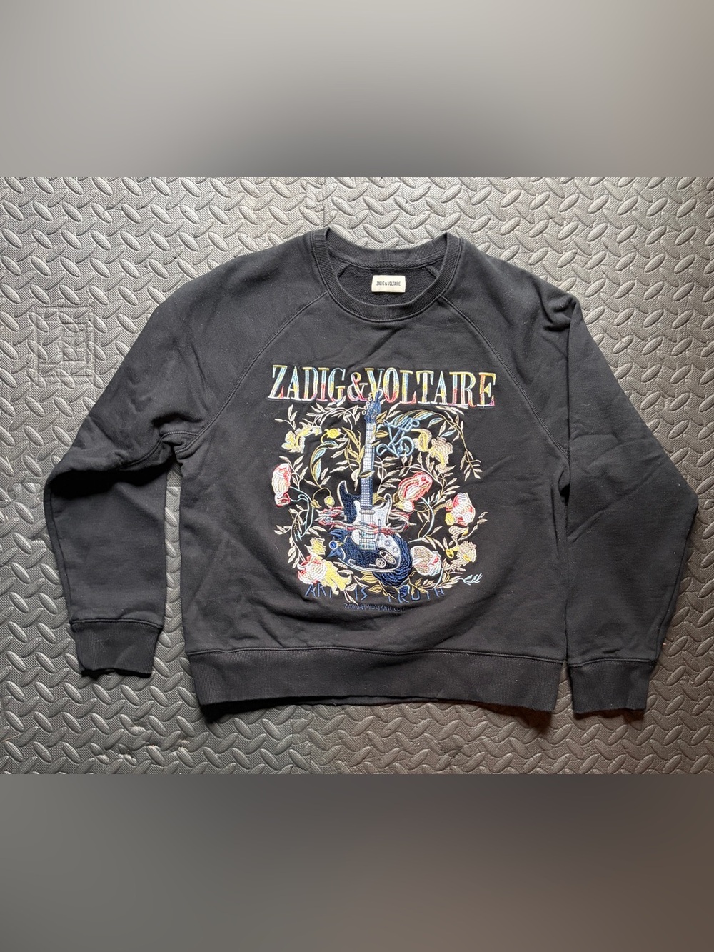 Zadig & Voltaire Black Crewneck Sweatshirt with Floral Guitar Graphic